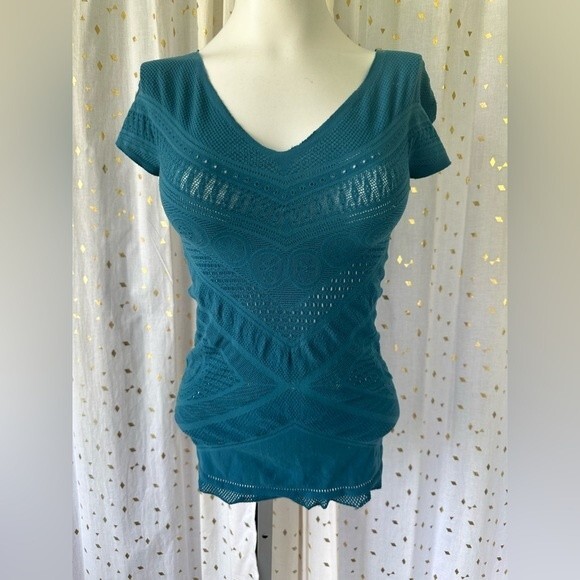 Bebe Women's Y2K Vintage See Through Mesh Netting Lace V Neck Top Size M/L - Picture 2 of 4